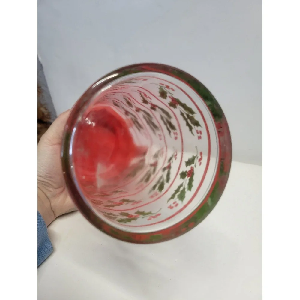 Vintage Christmas Holly‎ Canister Jar Red Lid Glass Container Holiday Decor 8.5